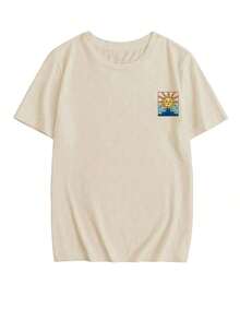 Camiseta de manga corta de cuello redondo casual con estampado gráfico deótem vintage de art, top de mujer versátil y de moda - Blanco - Ver 6