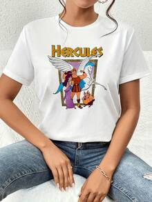 A Drawing Depicting A Mythological Hero Accompanied By His Companion, A Loyal Friend, And A Winged Horse In A Scene Symbolizing Strength, Friendship, And Courageous Spirit, Inspired By Greek Legends. A Comfortable, Casual Women's T-Shirt For Everyday Wear. - 白色 - 查看 6