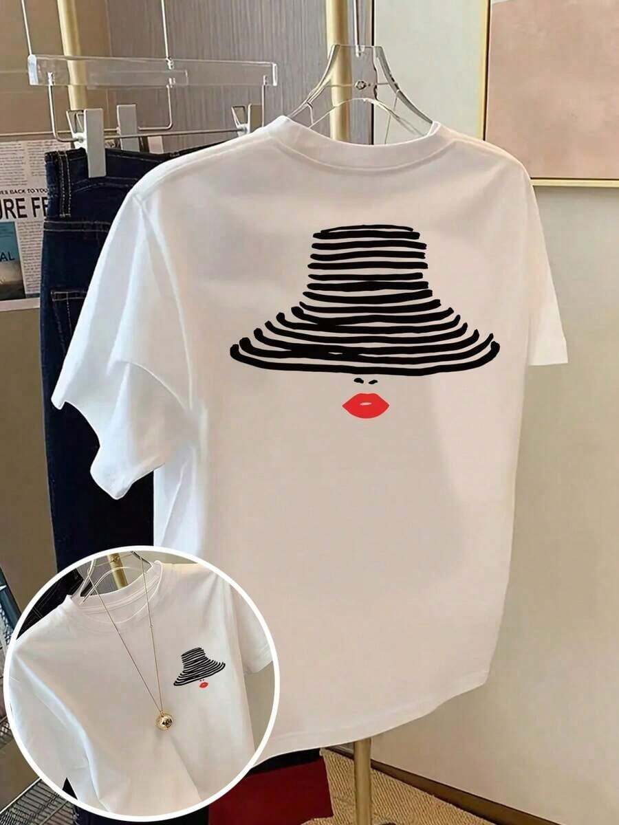 Talla unisex. Camiseta de algodón de verano de talla grande para mujer. Camiseta juvenil con estampado gráfico de anime, gorra de lunares y estampado de labios rojos. Camiseta estampada de moda para mujer, ideal para primavera/verano, un artículo de moda. El material absorbe el sudor, es suave y agradable para la piel.-Vintage Street Style Unisexoose Cotton Short Sleeve Crew Neck T-Shirt - Blanco - Ver 1