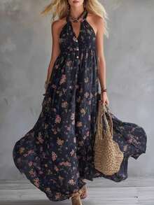 Silueta urbana retro vestido largo sin mangas de chifón estampado con flores negras - Negro - Ver 2