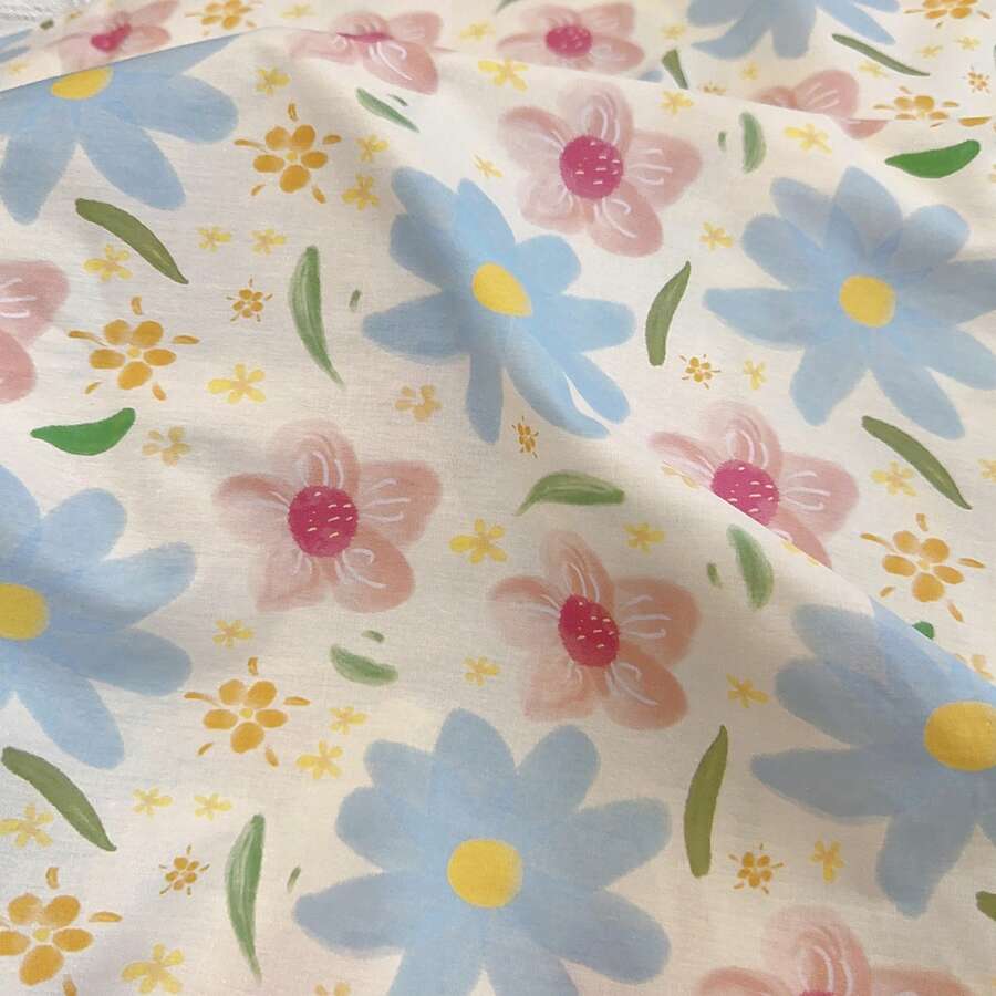 0,5m/1m/2m/3m/5m Tecido de Algodão com Estampa Floral em Aquarela Suave, Padrão de Flores Pintadas à Mão em Rosa e Azul, Têxtil Respirável para Vestidos, Roupas, Acolchoados, Decoração Doméstica e Costura DIY, Largura de 145cm, Múltiplos Tamanhos Disponíveis
