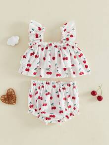 Conjunto de verano para bebé niña pequeña: top sin mangas con cuello cuadrado y volantes, estampado a cuadros/fresas/cerezas, y shorts con lazo 2 piezas. - Rojo - Ver 2