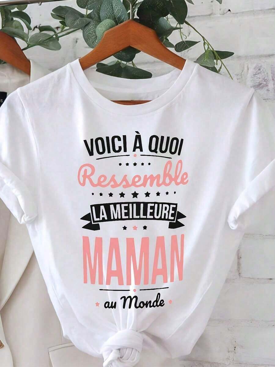 Moderna y Minimalista: Así se ve la mejor madre del mundo en una camiseta estampada de manga corta y cuello redondo para mujer, perfecta para salidas informales, regalos festivos y reuniones con amigos, representando el tema del cálido amor maternal. - Blanco - Ver 1