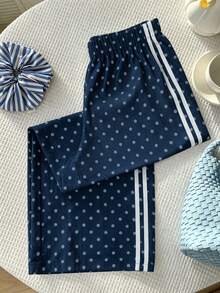 Plus Size Women Cute Retro High Waist Slimming Polka Dot Straight Leg Casual Pants - Dark Wash - View 4
