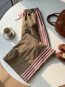 Pantalones de chándal casuales y holgados con cintura elástica y rayas laterales marrones para mujer - Multicolor - Ver 5