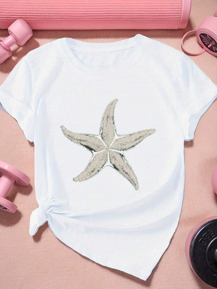Camiseta deportiva de manga corta de talla para mujer con ilustración vintage de estrellas de mar - Blanco - Ver 1