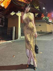 Bestselling Leopard Print Wrap Dress, High Waist, Open Back, Fitted Cut - Gold - View 4