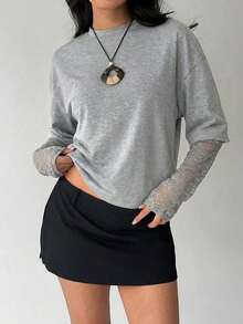 Women's Solid Color T-Shirt With Minimalist Lace Sleeves For Everyday Wear - 淺灰色 - 查看 4