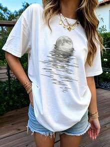 Camiseta de manga corta con cuello redondo y estampado de eslogan, estilo casual de verano para mujer, ropa de moda para el día a día y vacaciones, adecuada para uso diario y vacaciones, blanca, transpirable y cómoda. - Blanco - Ver 4