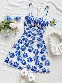 Nuevo vestido mini de verano con estampado floral rosa plisado de punto, para playa, estilo occidental, festival, atuendo de verano, bohemio - Azul y blanco - Ver 6