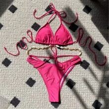 Traje de baño bikini sexy de color sólido con cadena decorativa. - Negro - Ver 5