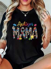 Plus Size Minimalist Basic T-Shirt For Women, Autistic Mom T-Shirt - Autism Awareness Puzzle Floral Print Top, Slim Fit, Casual Wear, Autism Advocate Mom T-Shirt For Everyday Casual Wear - 黑色 - 查看 1