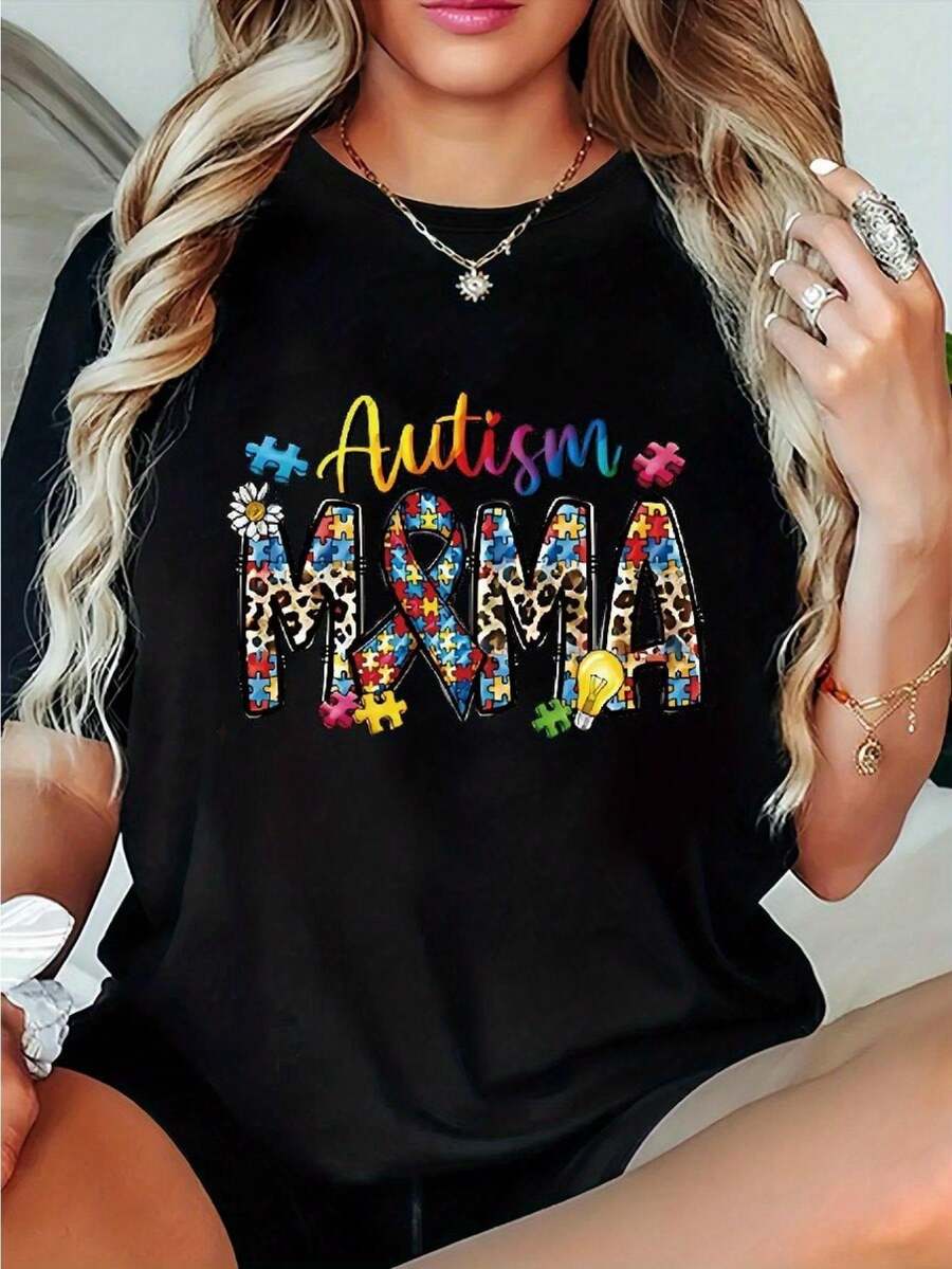 Plus Size Minimalist Basic T-Shirt For Women, Autistic Mom T-Shirt - Autism Awareness Puzzle Floral Print Top, Slim Fit, Casual Wear, Autism Advocate Mom T-Shirt For Everyday Casual Wear - 黑色 - 查看 1