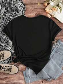 Playera Para Mujer Camiseta De Manga Corta Con Estampado, Blusas GráFicas Para Mujer - Negro - Ver 2