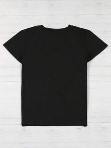 Letter Print T-Shirt, Short Sleeve, Round Neck, Casual Top For Summer And Spring, Women's Clothing | Relaxed Fit | Plus Size Blouses For Women - 黑色 - 查看 3