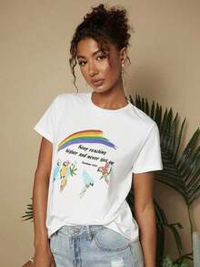 Camiseta de punto de ajuste regular en unicolor para vacaciones con patrón impreso,Playera Gráfica Oversized Mujer Verano Casual - Blanco - Ver 7