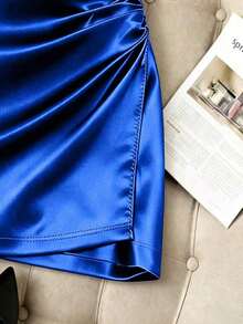 Falda ajustado plisada de cintura alta con dobladillo asimétrico brillante y elegante para mujeres, primavera/verano - azul real - Ver 3