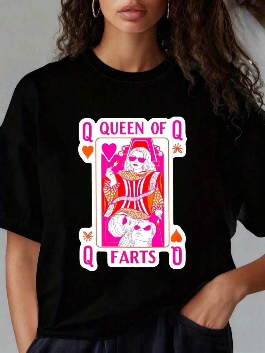 QUEEN OF FARTS Letter Print T-Shirt, Short Sleeve, Round Neck, Casual Style For Summer And Spring, Women's Clothing - 黑色 - 查看 1