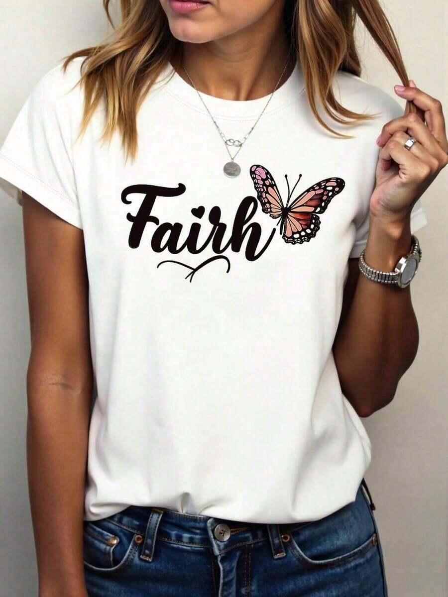Women's T-Shirt With Butterfly Print And Religious Writing, For Religious Events And Casual Daily Wear, Soft And Elegant Style, Short Sleeve, Casual Women's T-Shirt, Standard Size, Basic T-Shirt - 白色 - 查看 1