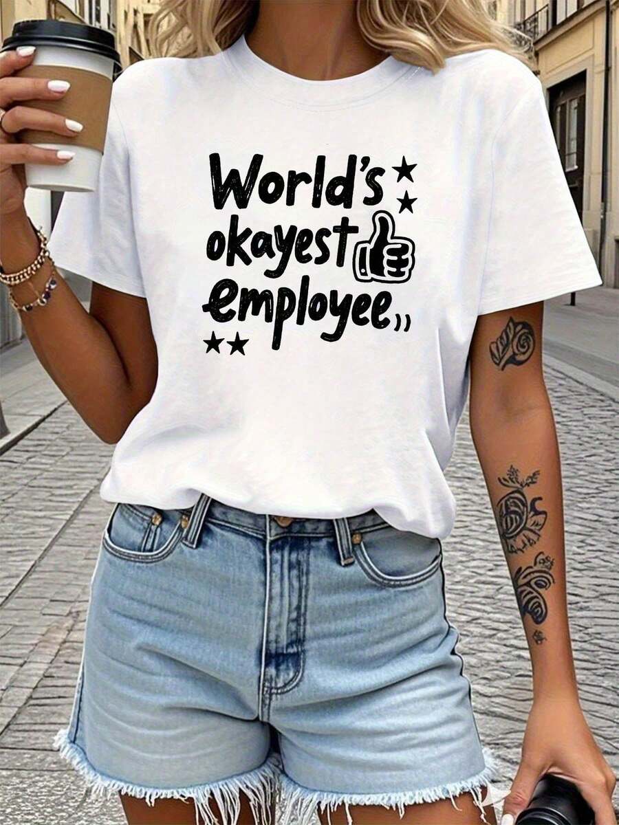 Size - Size - Women's Size T-Shirt With "Most Or Least Good Employee In The World" Letter Print, Casual Short Sleeve Crew Neck T-Shirt For Summer And Spring, Women's Clothing - 白色 - 查看 1