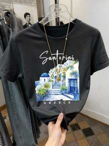 Women's T-Shirt With Santorini, Greece Print - White, Short Sleeve, Casual Crew Neck, With Blue Dome Roofs And  Foliage Design, Lightweight, Spring/Summer Travel Souvenir, Bachelorette Party Gift, Spring Casual Wear | Vibrant Design T-Shirt - 灰色 2 - 查看 1