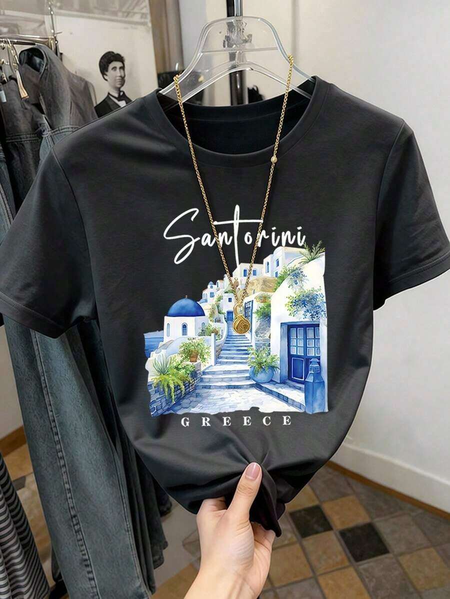 Women's T-Shirt With Santorini, Greece Print - White, Short Sleeve, Casual Crew Neck, With Blue Dome Roofs And Foliage Design, Lightweight, Spring/Summer Travel Souvenir, Bachelorette Party Gift, Spring Casual Wear | Vibrant Design T-Shirt - 灰色 2 - 查看 1