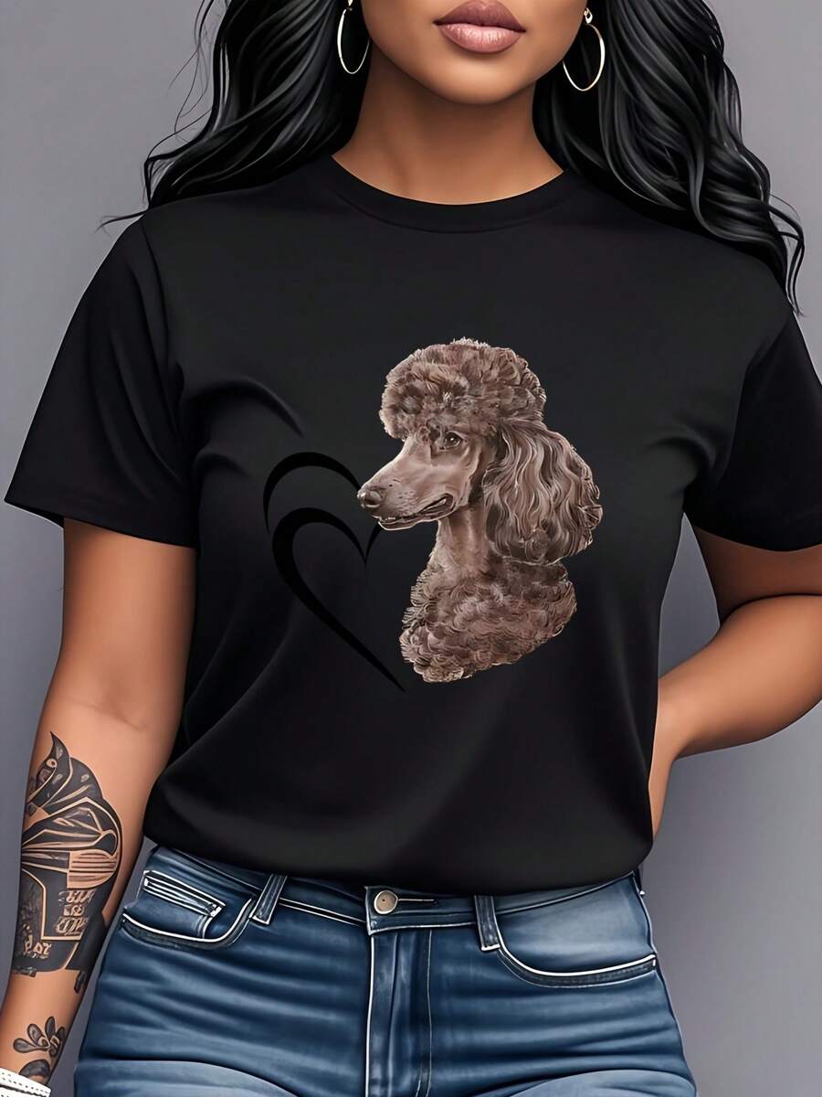 Women's T-Shirt Made Of Pure Cotton, Casual Loose Style, With Poodle Heart Print, Short Sleeves And Round Neck, Modern And Versatile Women's Clothing, Suitable For Everyday Wear, Dates And Meetings. - 黑色 - 查看 1