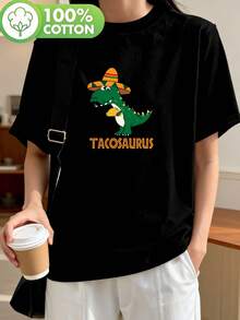Women's T-Shirt With Y2K Style Print, Pure Cotton Round Neck T-Shirt, Casual Sports T-Shirt For Women, T-Shirts With Dinosaur Eating Taco Print With Mexican Hat For Women. - 黑色 - 查看 12