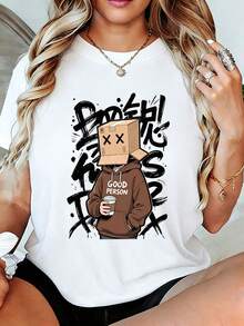 DOOFUS Women's T-Shirt - Plus Size White Cartoon Print T-Shirt Featuring The "Good Guy" Character With A Paper Bag. Soft, Casual Summer Top With A  Urban Style And Graffiti Lettering. A Perfect Gift For Your Best Friend, Sister, Or Yourself. Women's T-Shirts - 白色 - 查看 12