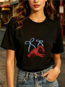 Everyday Top With Lobster Bow Print, 180g Summer T-Shirt, Casual Short Sleeve Shirt For Women, Patriotic Gift For Independence Day, Team Wear, Essential For Family Gatherings, Crew Neck Top - Unisex Loose Cotton Short Sleeve Crew Neck Urban Vintage Style T-Shirt. - 黑色 - 查看 1