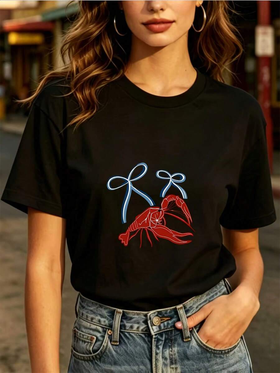 Everyday Top With Lobster Bow Print, 180g Summer T-Shirt, Casual Short Sleeve Shirt For Women, Patriotic Gift For Independence Day, Team Wear, Essential For Family Gatherings, Crew Neck Top - Unisex Loose Cotton Short Sleeve Crew Neck Urban Vintage Style T-Shirt. - 黑色 - 查看 1