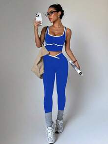 Conjunto deportivo de mujer de dos piezas con bloques de color sin costuras, malla de yoga, conjunto de fitness, conjunto de entrenamiento de dos piezas, conjunto activo de dos piezas, conjunto deportivo negro de dos piezas - azul real - Ver 1