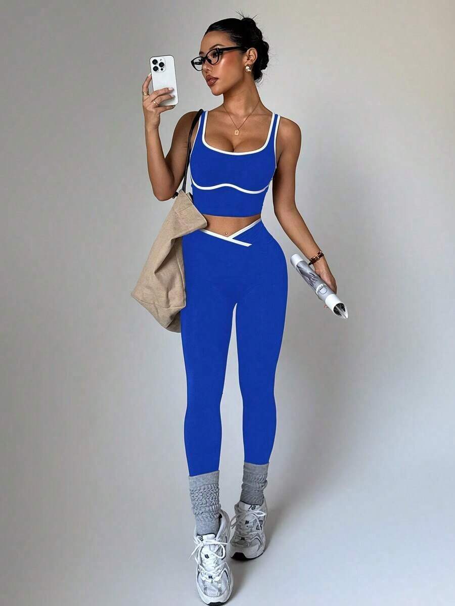 Conjunto deportivo de mujer de dos piezas con bloques de color sin costuras, malla de yoga, conjunto de fitness, conjunto de entrenamiento de dos piezas, conjunto activo de dos piezas, conjunto deportivo negro de dos piezas - azul real - Ver 1