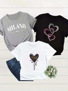 Women's T-Shirt 2026, Creative Design With Leopard Print, Heart-Shaped Ring Print And The Letter MILANO, Unique Piece, Casual Short-Sleeved Round Neck Top For Spring, Summer And Autumn, Women's Clothing. - 白色 - 查看 6