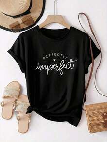 Camiseta de mujer de talla grande con estampado minimalista de corazón negro, perfecta para el Día de San Valentín, el transporte diario, regalos festivos, moda, camisetas elegantes, camisetas hermosas, regalos para hermanos, regalos para hermanas, regalos para madres, regalos del Día de la Madre, tops casuales pero elegantes - Negro - Ver 3