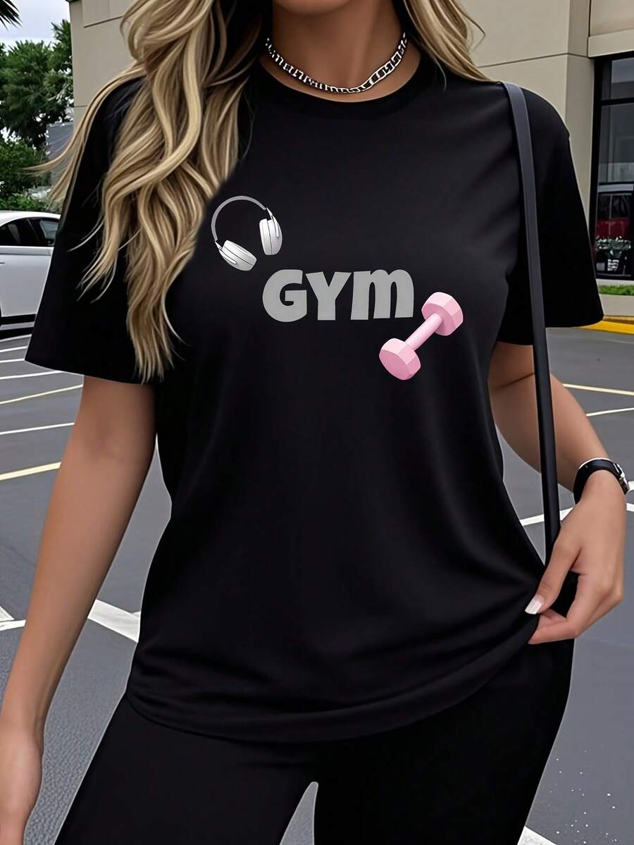 A Women's Short-Sleeved T-Shirt With Creative And Modern Art Designs, Perfect For The Gym With Fun, Popular Prints. This Stretchy, Crew-Neck Top Is Ideal For Comfortable Outdoor Wear In Spring And Summer. It Has A Cute Design. - 黑色 - 查看 1