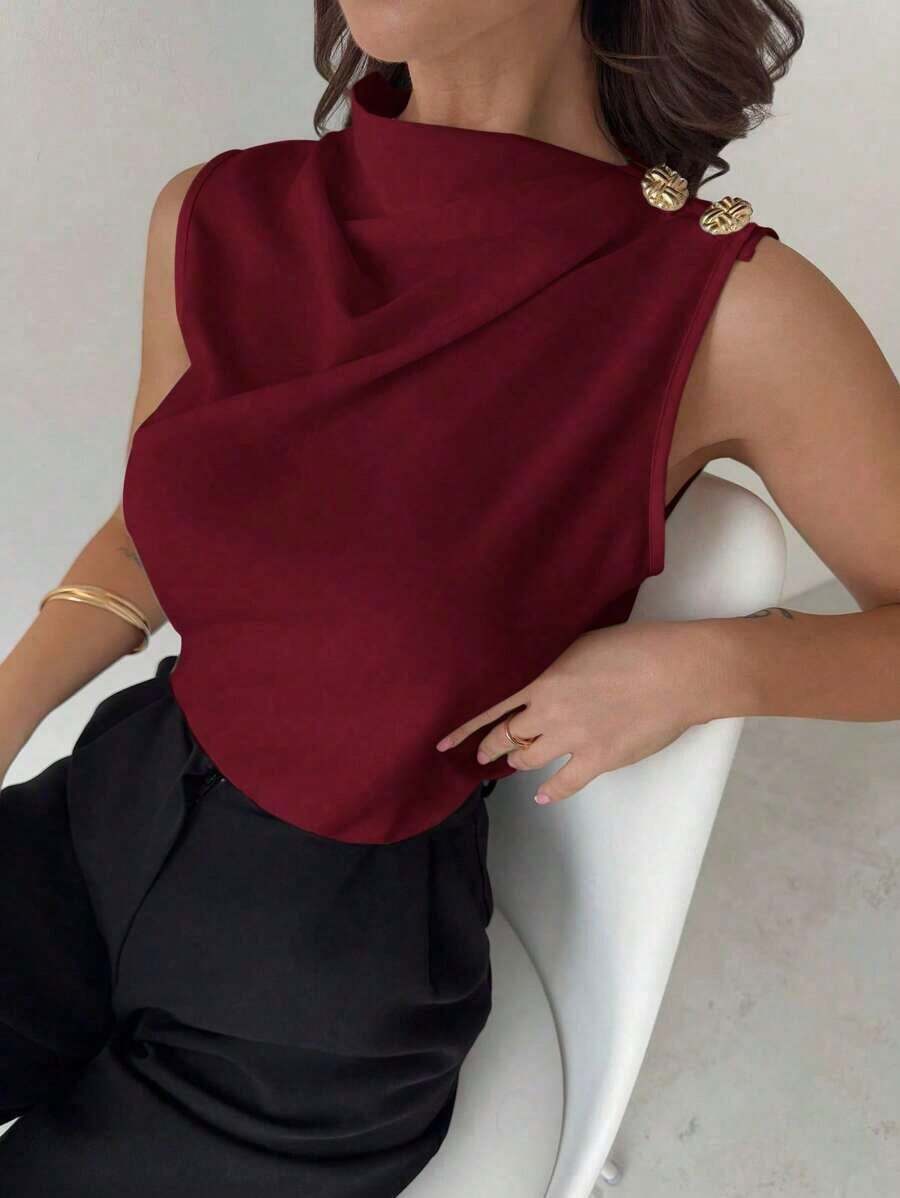 Camisa de oficina blanca sin mangas con cuello plisado asimétrico y botones metálicos, elegante y versátil para el uso diario, primavera/verano - Burdeos - Ver 1