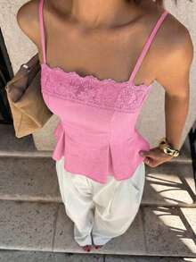 Camiseta de mujer con encaje francés, parches y volantes con dobladillo plisado - Rosa - Ver 4