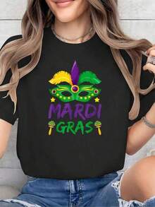 Cotton T-Shirt, 100% Cotton, Mardi Gras 2025, For Women And Girls, With New Orleans Beaded And Descarf Print, Crew Neck, Short Sleeves, Soft, Stylish And Comfortable. Graphic T-Shirts. - 黑色 - 查看 1