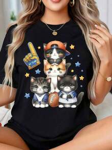 Women's Cute Cat Soccer Team Graphic T-Shirt With Playful Kitten Characters In Outfits With Star And Finger Design, Perfect For Day Out. Round Neck Printed Short Sleeve Casual Everyday T-Shirt, They Are Excellent Gifts For Friends And Family, 100% Cotton T-Shirts Feature, A Youthful And Fashionable Design - 黑色 - 查看 8