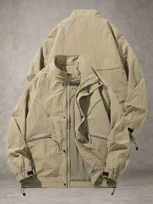 Men's Casual Loose Outdoor Jacket, Stand Collar Zipper Windbreaker Suitable For Daily And Outdoor Activities - Khaki - View 2