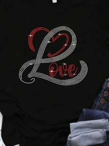 Unisex Plus Size Cotton T-Shirt With LOVE Heart Design With Rhinestones – Casual Sporty Cut, Short Sleeve, 180g Pure Cotton, Black With Red And White Glitter Pattern, Perfect For Casual Outfits Or Special Occasions. - 黑色 - 查看 1