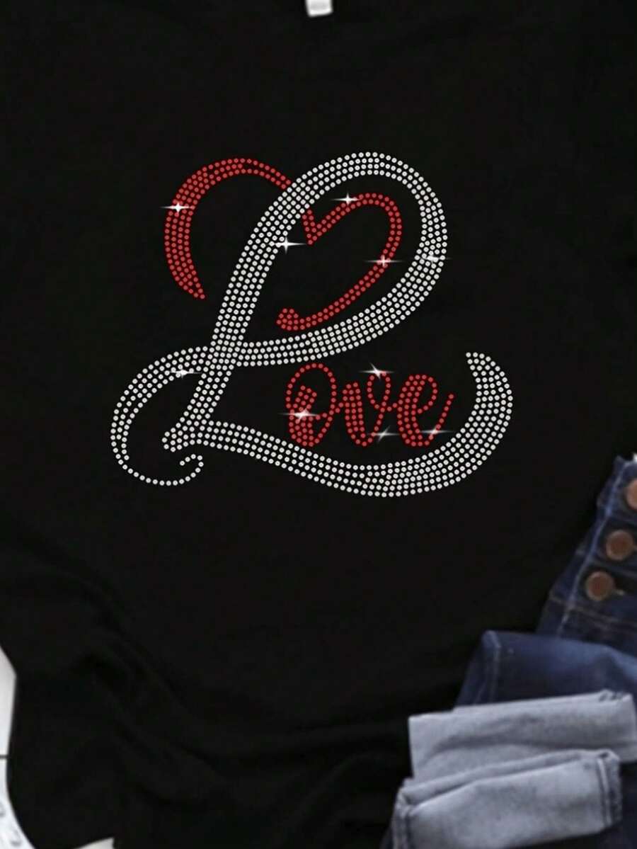 Unisex Plus Size Cotton T-Shirt With LOVE Heart Design With Rhinestones – Casual Sporty Cut, Short Sleeve, 180g Pure Cotton, Black With Red And White Glitter Pattern, Perfect For Casual Outfits Or Special Occasions. - 黑色 - 查看 1