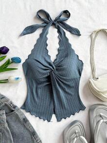 Camiseta sin tirantes sexy y con estilo, con nudo, bajo con abertura y espalda abierta - Niebla azul - Ver 5