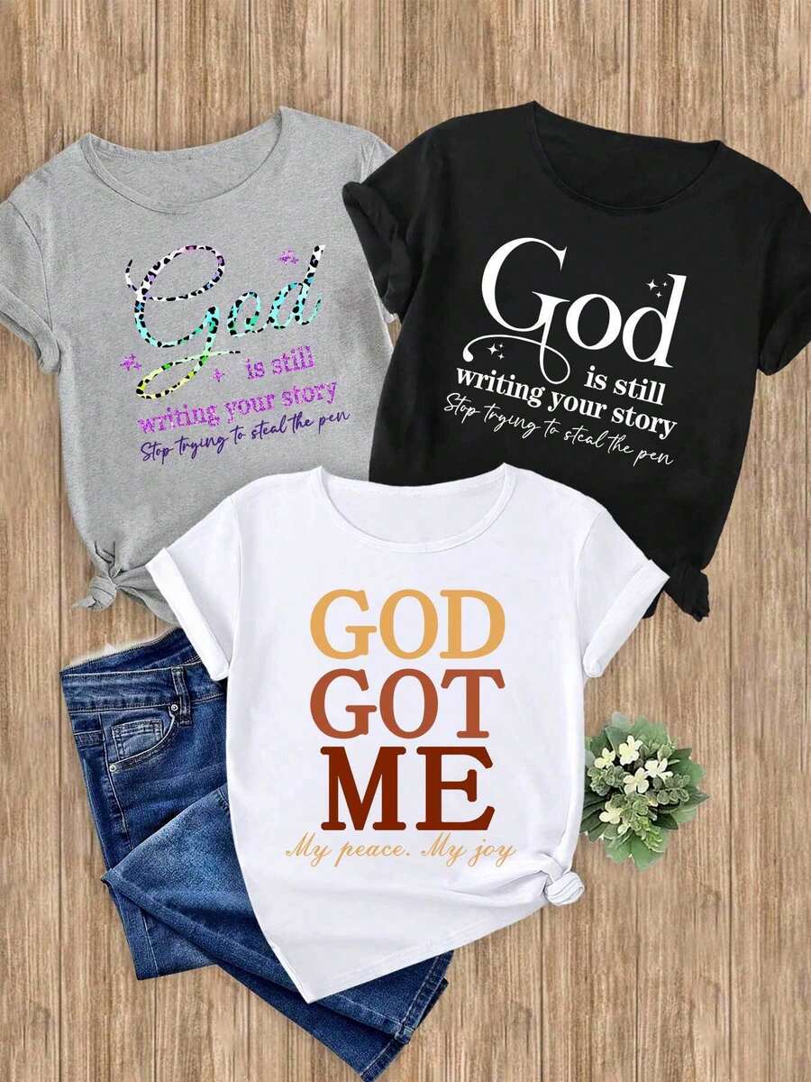 Women's T-Shirts, 1-Piece Set With Inspirational Religious Text Pattern, 1 Piece Elegant, Modern, Casual, Sporty, Ideal For Gift, Soft And Machine Washable, Short-Sleeved Top With Round Neck. - 1 Black Random Pattern - View 1