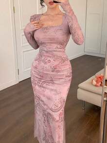 Vestido con estampado floral de primavera y verano, vestido elegante de manga larga transparente con dobladillo de sirena ajustado para festival de música, boda, fiesta, vestido de paseo - Rosa - Ver 10