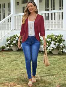 Chaqueta ligera de mujer de unicolor con abertura frontal y manga 3/4 casual - Burdeos - Ver 4