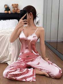 Conjunto de pijama de mujer con pajarita y top de camisola con estampado de rayas de seda sintética y pantalones - Burdeos - Ver 5