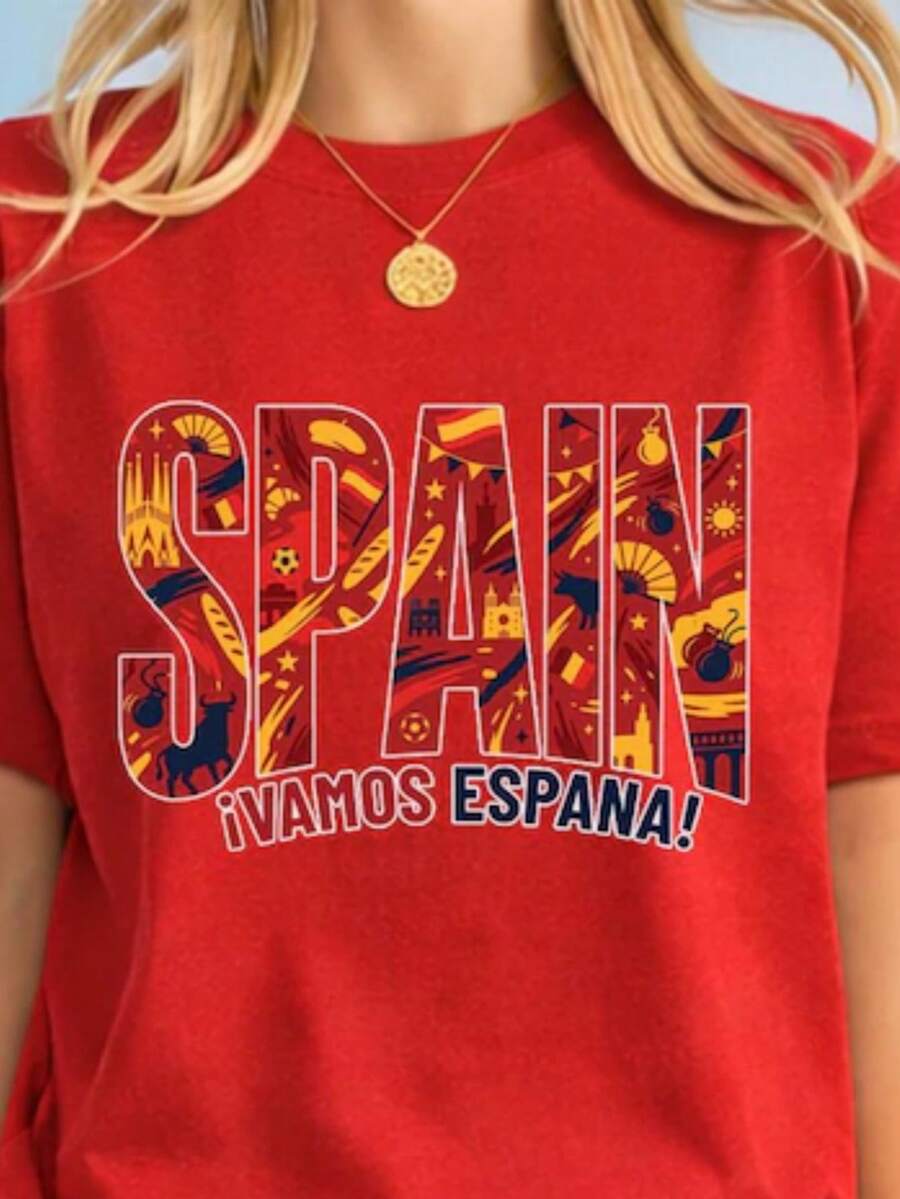 World Cup 2026 Country Teams Shirts, National Football Nations Shirts Spain Women's Fashionable Casual T-Shirt With Creative Print, Short Sleeve, Round Neck, For Spring And Summer T-Shirt Women Festive Celebration Shirt Party Wear Top - 彩色 - 查看 1