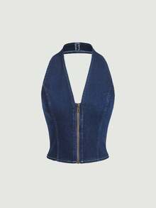 Top en mezclilla con cremallera de cuello halter de espalda abierta - Azul lavado oscuro - Ver 5